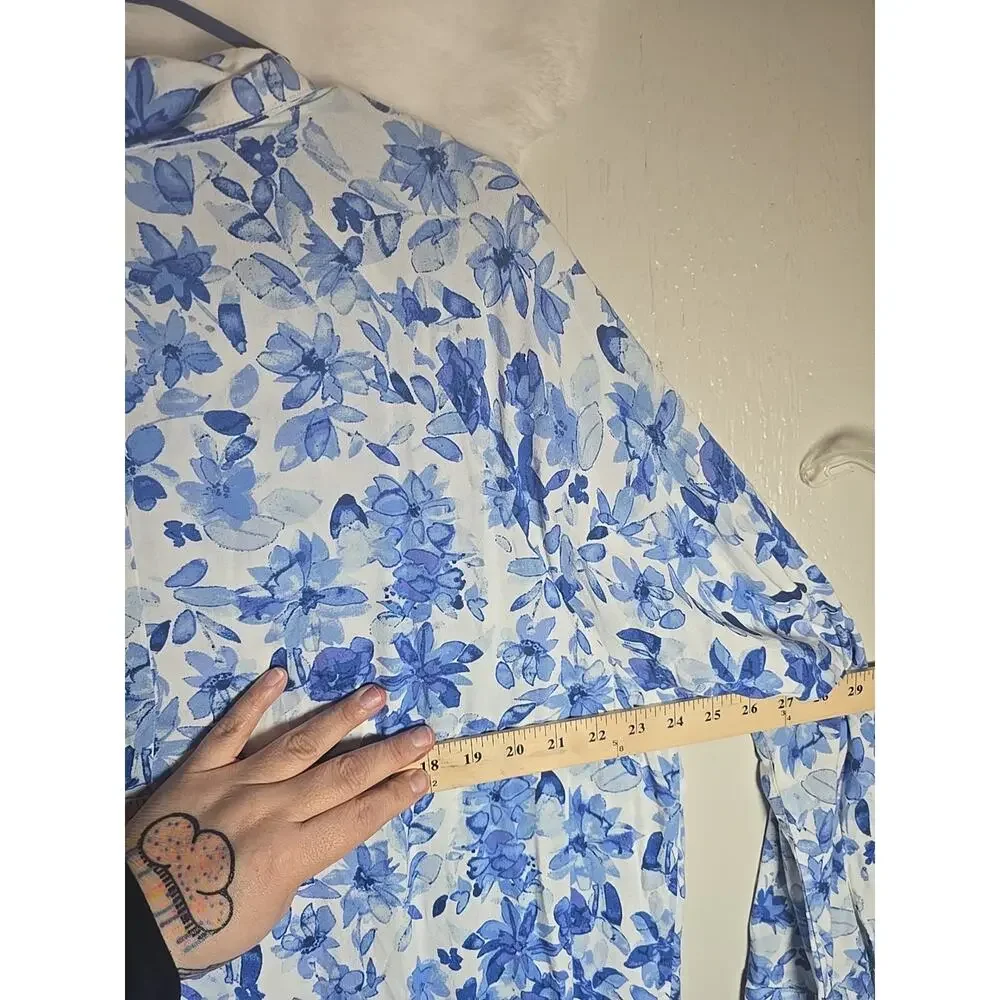 H&M Button Up Shirt Dress XL Blue Floral Oversized Lightweight Travel Summer - Picture 6 of 10